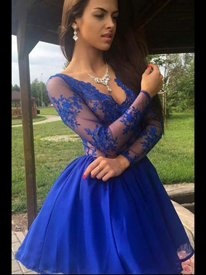 Royal Blue Homecoming Dress A Line V Neck Appliques Chiffon Short Prom Anna Promdress 9609