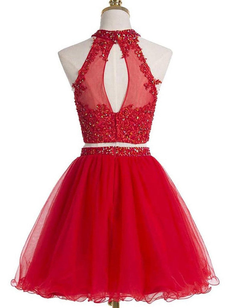 Two Piece Red Homecoming Dresses A Line Beading Short Prom Dress Sexy