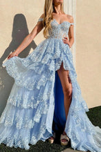 Sky Blue Prom Dress Sequin Tiered A Line Off the Shoulder Evening Dress GJS2524