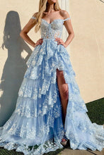 Sky Blue Prom Dress Sequin Tiered A Line Off the Shoulder Evening Dress GJS2524