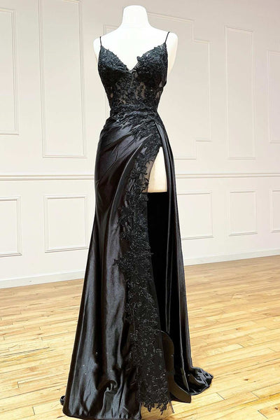 V Neck Black Mermaid Lace Prom Dresses, Black Mermaid Lace Formal Evening Dresses GJS2535