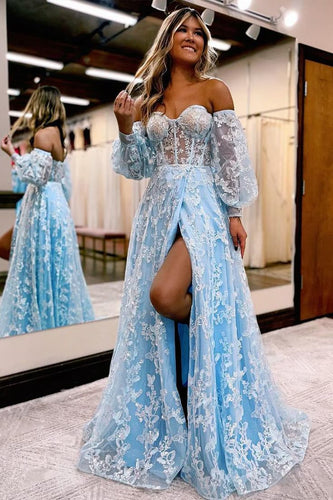 Sweetheart V Neck Blue Lace Appliques Long Prom Dress GJS448