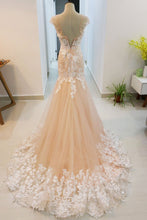 Unique mermaid lace applique tulle long prom dress, lace wedding dress