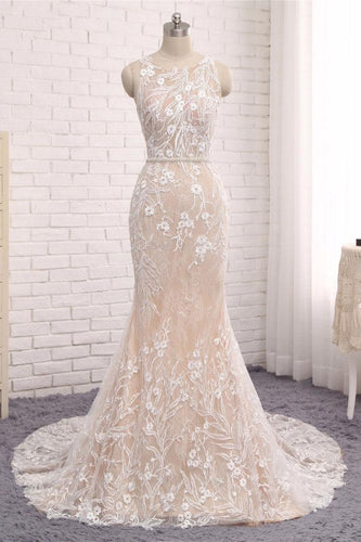 Unique round neck lace mermaid long evening dress, wedding dress