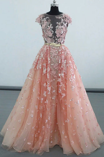 Pink round neck tulle lace applique long prom dress, pink evening dress