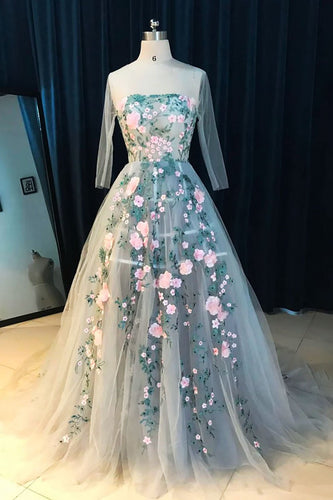 Unique gray round neck tulle applique long prom dress, evening dress