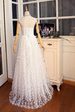 White v neck lace long prom dress, white lace evening dress