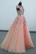 Pink round neck tulle lace applique long prom dress, pink evening dress