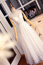 White v neck lace long prom dress, white lace evening dress