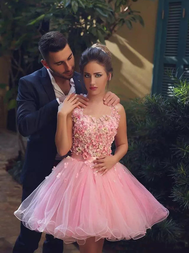 Cute Pink Homecoming Dress Hand Made Flower Tulle Short Prom Dress Par Anna PromDress