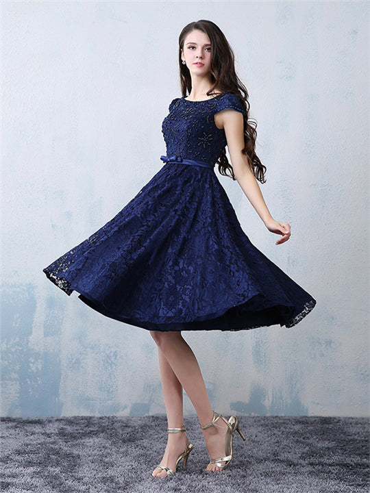 Chic Homecoming Dress A-line Dark Navy Lace Beading Short Prom Dress P ...