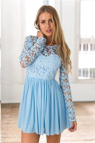 Cheap Homecoming Dresses A Line Long Sleeve Short Prom Dress Lace Party 