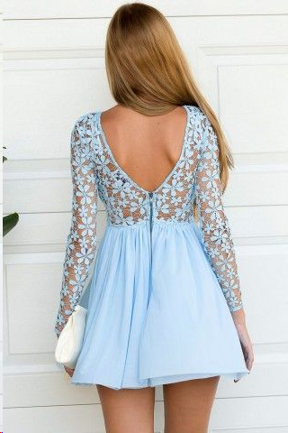 Cheap Homecoming Dresses A Line Long Sleeve Short Prom Dress Lace Party ...