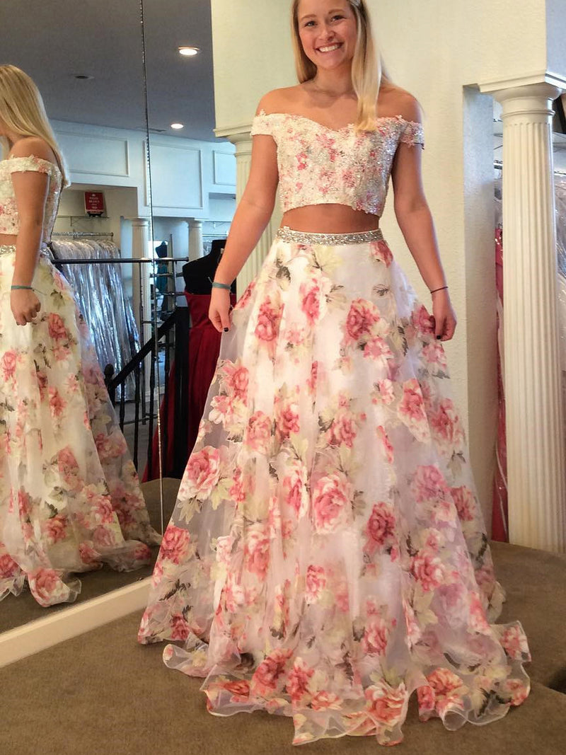 Floral Print Jewel Two Piece Prom Dress with Lace Long Sleeves PD1632