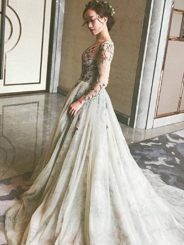 Embroidered Long Sleeve Prom Dress