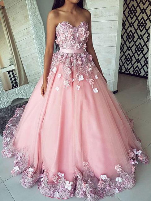 Ball Gown Prom Dresses Sweetheart Sweep Train Chic Long Lace Pink