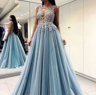 Beautiful Prom Dresses Scoop A-line Appliques Chic Long Open Back Prom ...