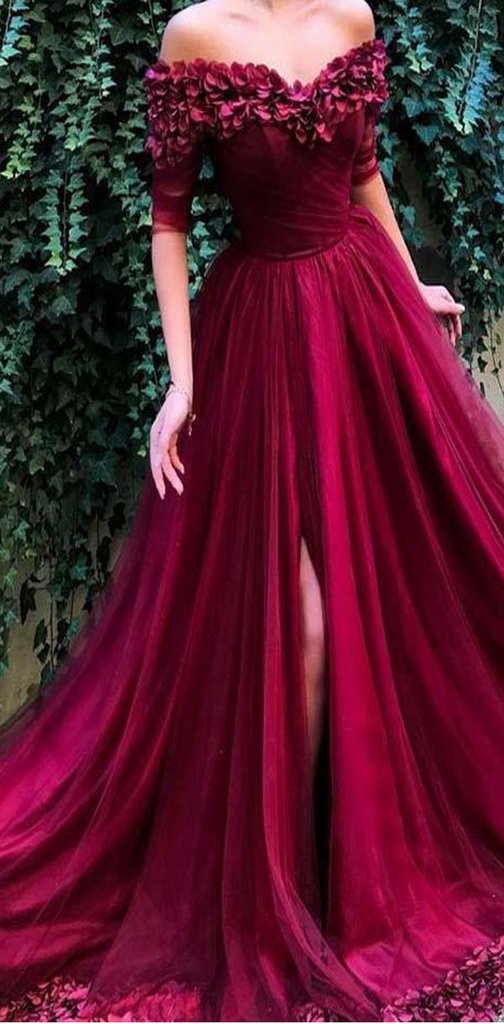 Half Sleeve Prom Dresses Off The Shoulder Hand Made Flower Burgundy Lo