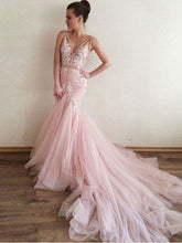 Open Back Prom Dresses V-neck Mermaid Sweep Train Appliques Pink Long Prom Dress JKL1499|Annapromdress