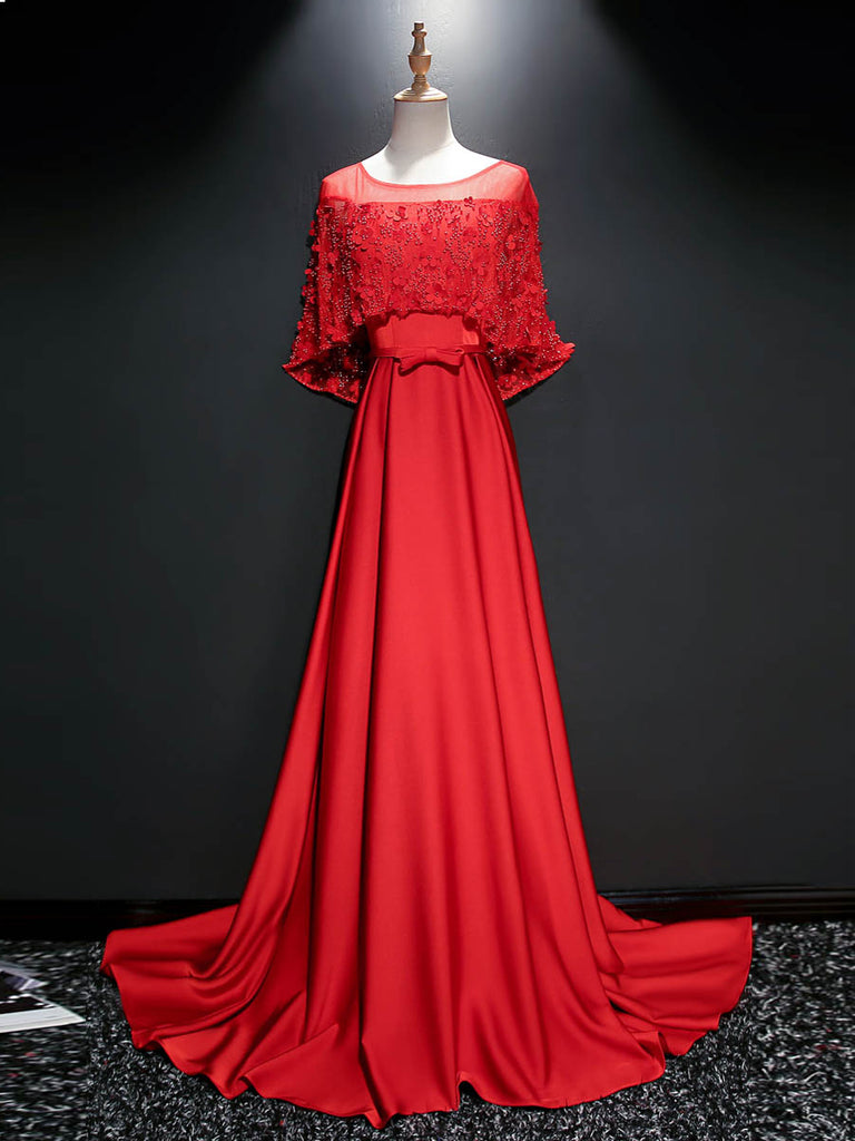 Red Prom Dresses A-line Scoop Sweep Train Satin Lace Beautiful Long Pr ...