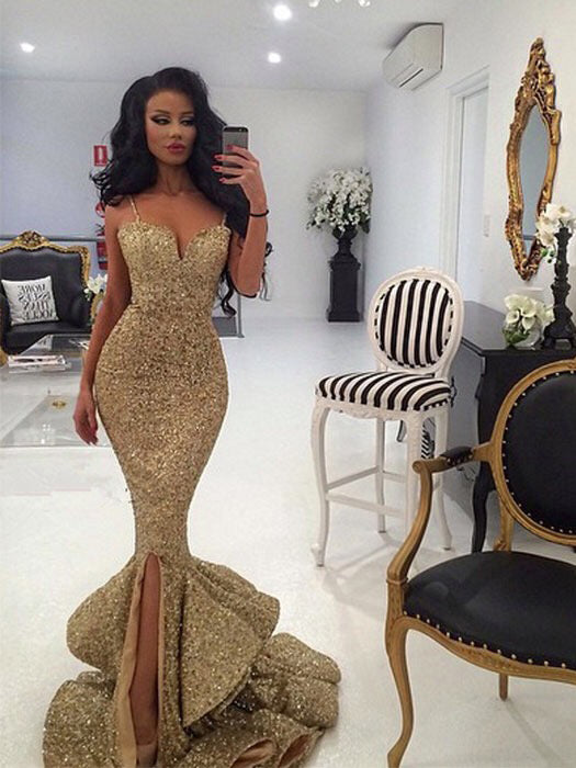 Sparkly Prom Dresses Spaghetti Straps Mermaid Gold Long Prom Dress JKL –  Anna PromDress