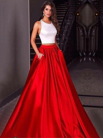 Two Piece Prom Dresses Halter A line White and Red Long Simple Prom Dr Anna PromDress