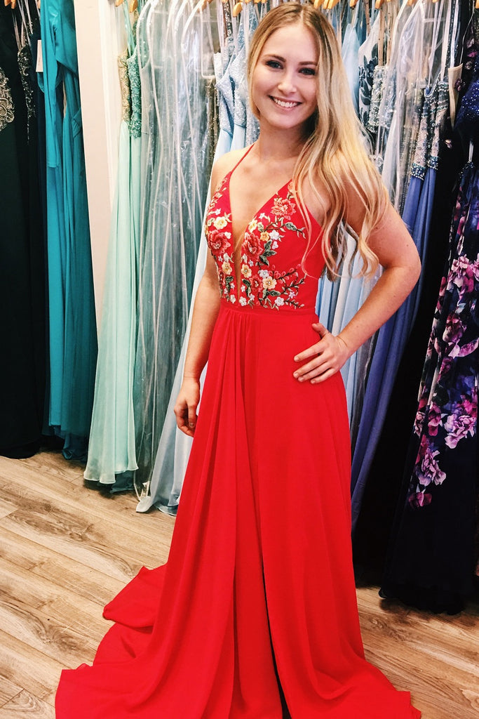 Chic Prom Dresses A Line Criss-cross Straps Embroidery Long Red Prom D ...