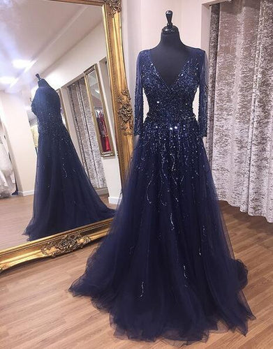 V-neck Beaded Long Prom Dress 8th Graduation Dress Custom-made School Dance Dress AN3201