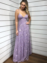 Chic Spaghetti Straps Lace Applique Lilac Long Prom Dress Evening Dress JKG025